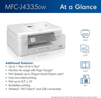 Brother MFC-J4335DW INKvestment Tank All-in-One Printer with Duplex and Wireless Printing Plus Up to 1-Year of Ink in-Box (Renewed Premium), White