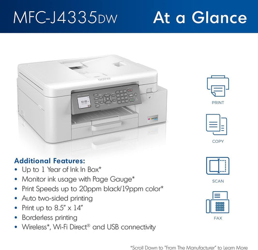 Brother MFC-J4335DW INKvestment Tank All-in-One Printer with Duplex and Wireless Printing Plus Up to 1-Year of Ink in-Box (Renewed Premium), White