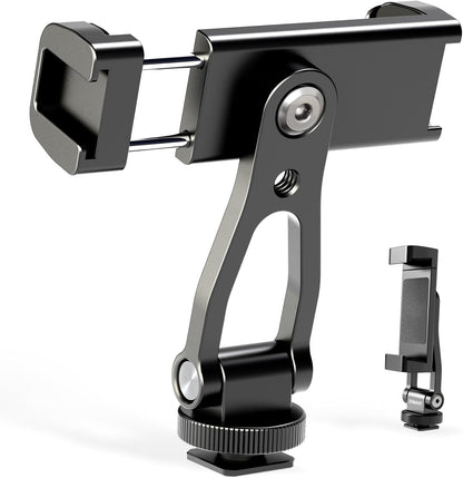 All Metal Phone Tripod Mount, 360° Rotation Tripod Phone Mount with 2 Cold Shoes, Adjustable Cell Phone Mount Adapter with 1/4" Thread, Compatible with iPhone Android Phones, Digital Camera