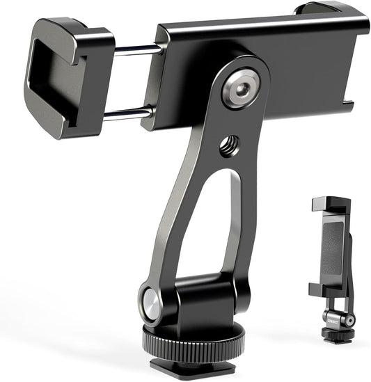 All Metal Phone Tripod Mount, 360° Rotation Tripod Phone Mount with 2 Cold Shoes, Adjustable Cell Phone Mount Adapter with 1/4" Thread, Compatible with iPhone Android Phones, Digital Camera