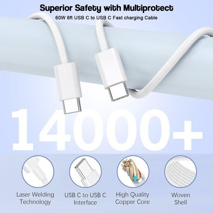 65W USB C Charger Block, 2Pack 6-Port Fast Charging Block with 6ft Long TypeC to TypeC Woven Cable Cord, Multiport Plug, USB C Power Adapter for iPhone 16/16e/16 Pro/16 Pro Max/16 Plus/15,iPad,AirPods