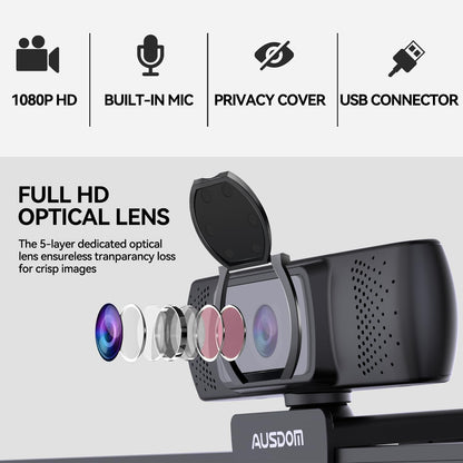 AUSDOM AF640 1080P Webcam with Microphone, 90°FOV USB PC Camera Webcam with Privacy Cover, Plug and Play Computer Camera for Online Calling/Conferencing, Zoom/Skype/YouTube, Laptop/PC
