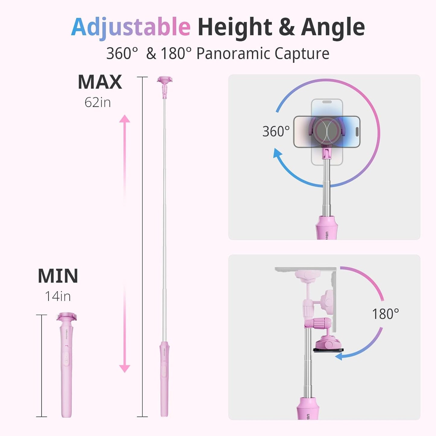 UBeesize Pink 62'' Magnetic Selfie Stick & Phone Tripod with Remote Shutter