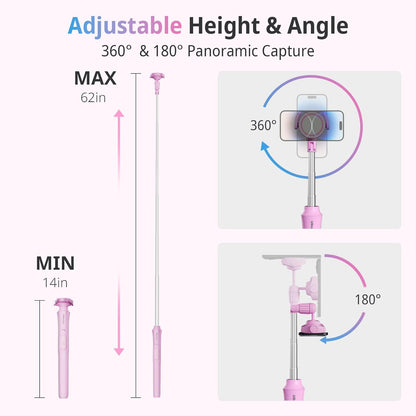 UBeesize Pink 62'' Magnetic Selfie Stick & Phone Tripod with Remote Shutter