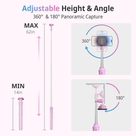 UBeesize Pink 62'' Magnetic Selfie Stick & Phone Tripod with Remote Shutter
