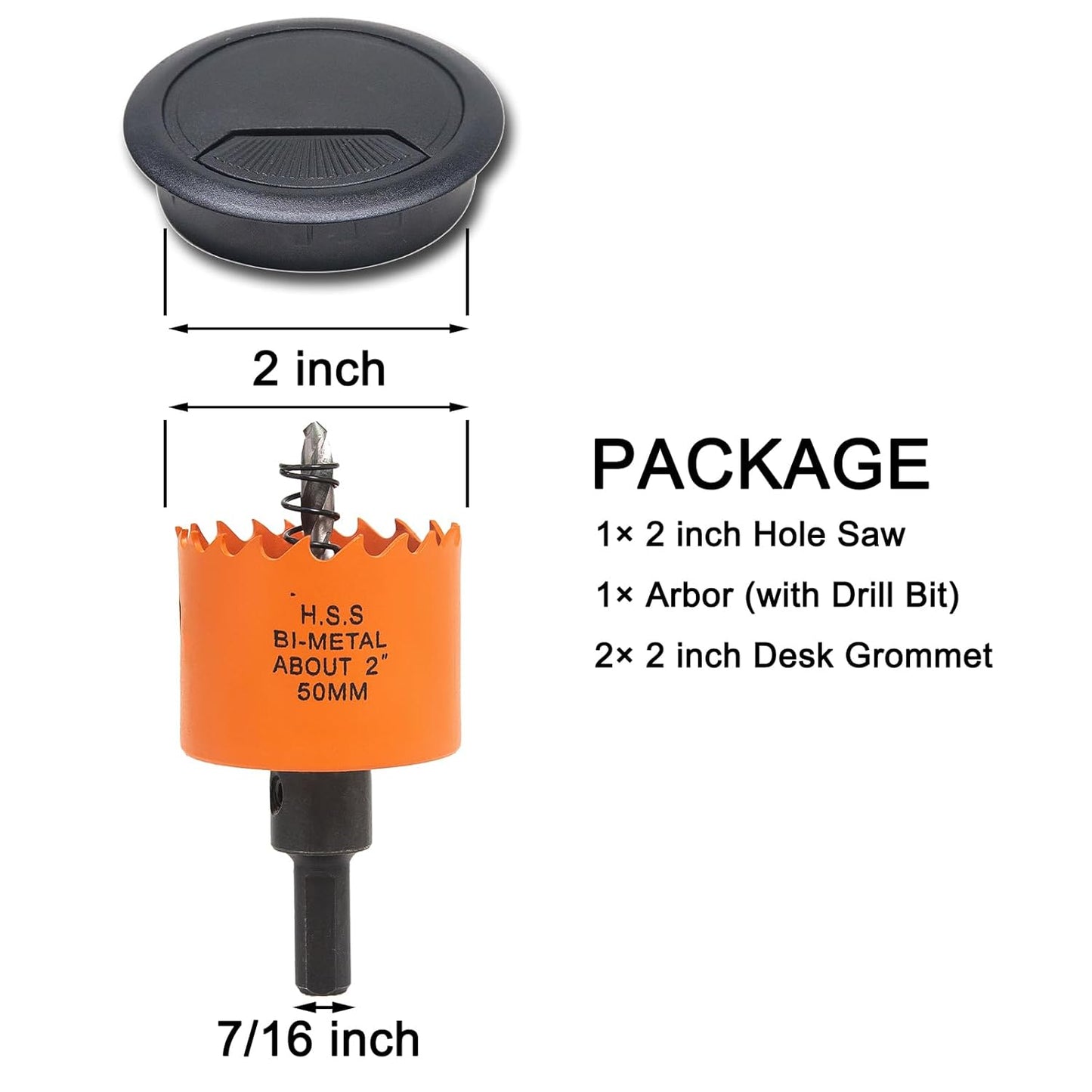 Desk Grommet 2 inch with Hole Saw, Desk Cord Hole Cover Grommet for Cables, 2 PCS, Black