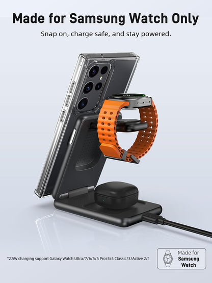 Magnetic Wireless Charger for Samsung, 3 in 1 Foldable MagSafe Charging Station for Galaxy S25 Ultra/S24/Z Fold7/Flip7/Buds, One-Click Ejection Charger Only for Samsung Galaxy Watch 8/Ultra/7