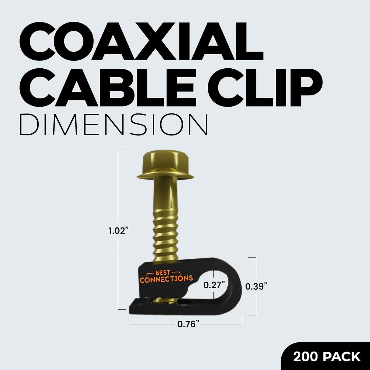 BEST CONNECTIONS Coaxial Cable Clips with Pre-Inserted Screw (200 Pack) – Black Single Cable Mounting Clamps for Coax Cable (RG6, RG59) and Ethernet Cable – Cord Fastener/Strain Relief Clip