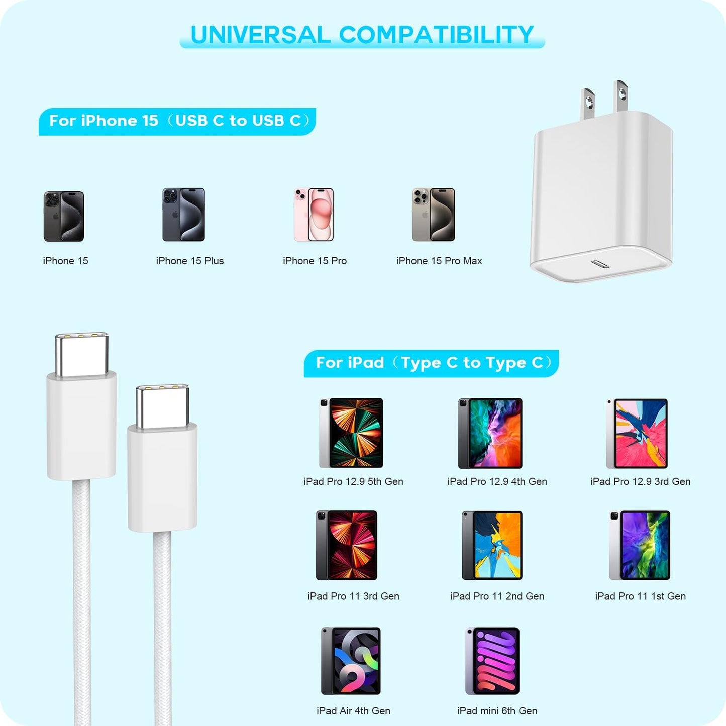 Fast Charger for iPhone 16 15, 3Pack USB C iPad Charge PD Fast Charger Block 6FT Long USB C to Type C i Phone 16 15 Charging Cable Cord for iPhone 16/16 Pro/Plus/15/15 Pro/Pro Max,iPad Pro 12.9/11inch