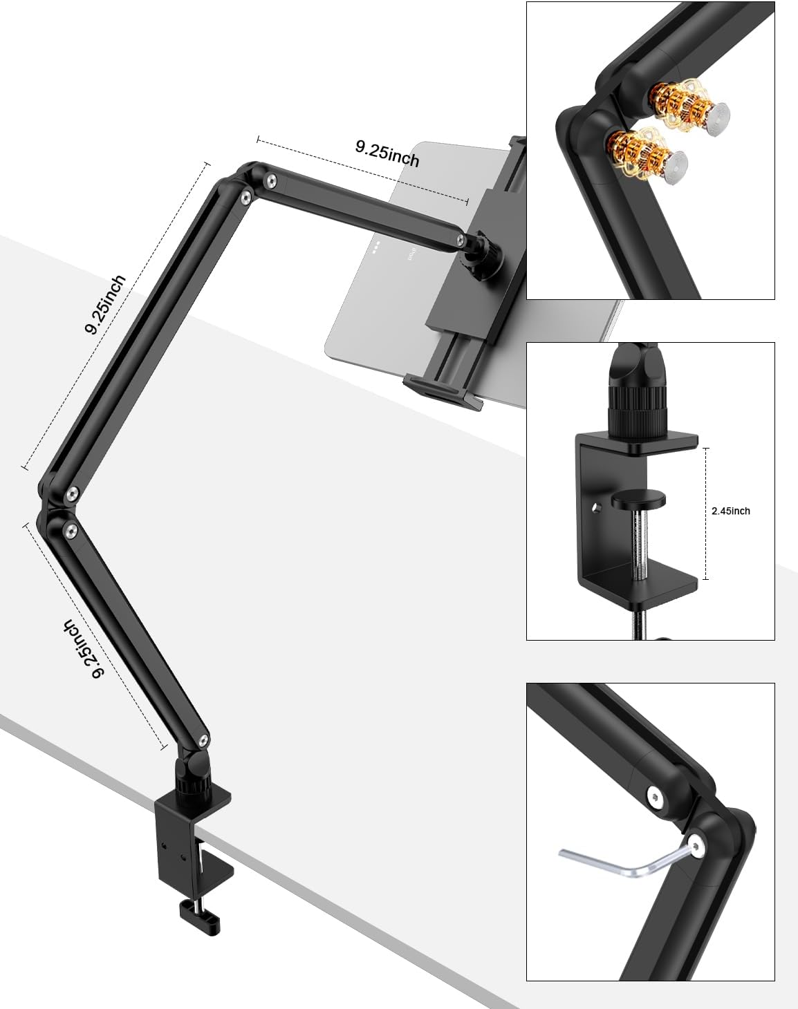 Adjustable Aluminum Tablet Stand, Foldable Arm for Desk/Bed, 360° Rotation, Compatible with iPad Pro 12.9/11, Air, Mini, Samsung Tabs, Nintendo Switch, 5.1''-15.9'' Devices - Sturdy & Portable