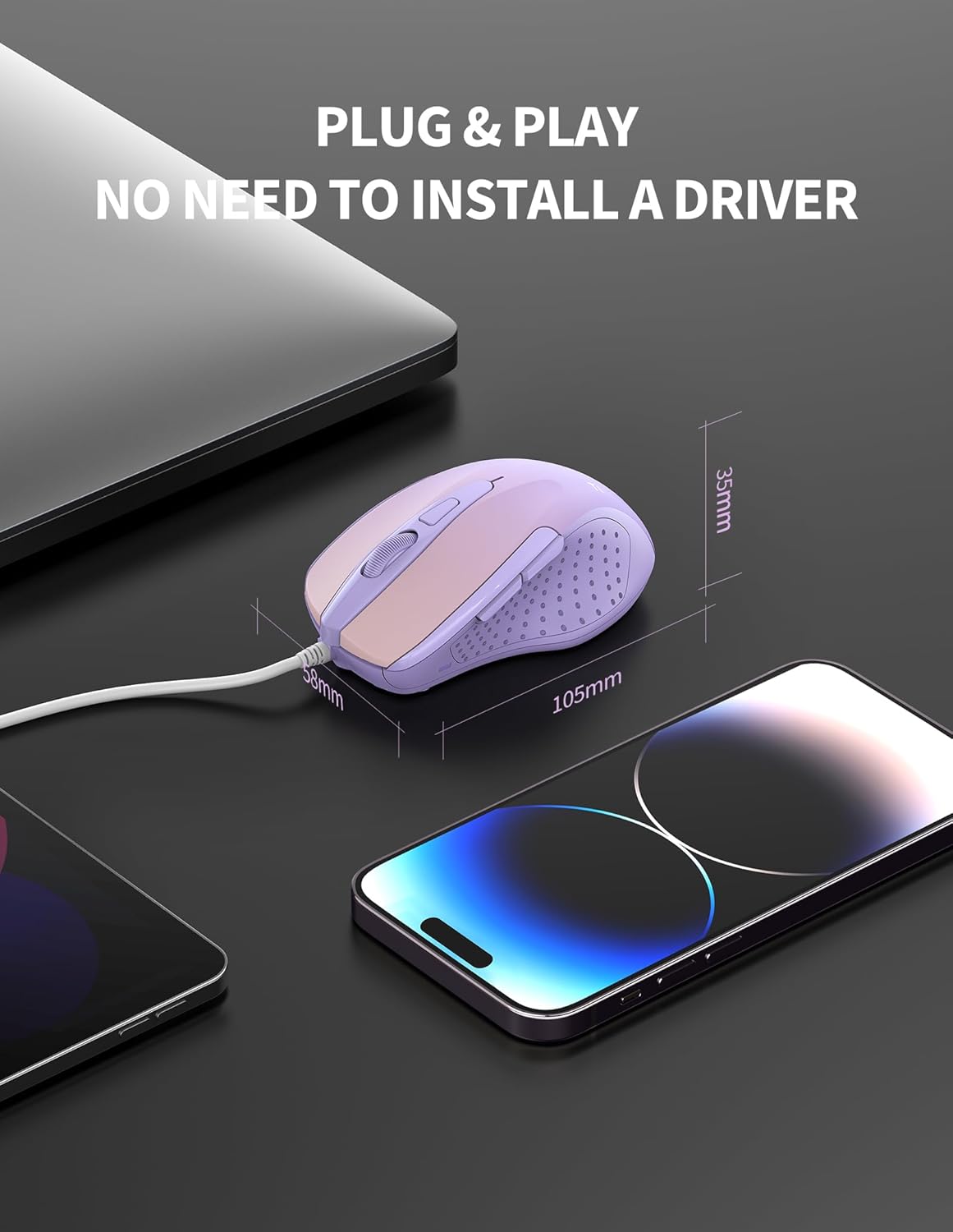 TECKNET Wired Mouse, 6-Button Corded with 4 Adjustable DPI, Optical Ergonomic Design, 5FT Cord for Laptop, Chromebook, PC, Desktop, Mac, Notebook - Gradient Lavender