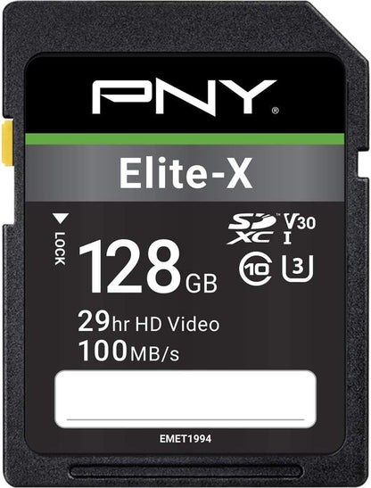 PNY 128GB Elite-X Class 10 U3 V30 SDXC Flash Memory Card - 100MB/s, Class 10, U3, V30, 4K UHD, Full HD, UHS-I, Full Size SD (Pack of 1)