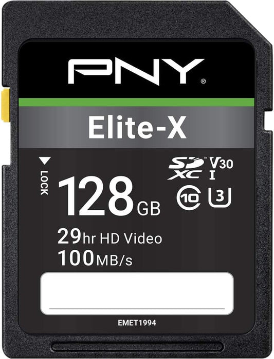 PNY 128GB Elite-X Class 10 U3 V30 SDXC Flash Memory Card - 100MB/s, Class 10, U3, V30, 4K UHD, Full HD, UHS-I, Full Size SD (Pack of 1)