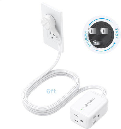 TROND 360° Rotating Flat Plug Extension Cord Surge Protector 6ft, Small Power Strip with 900 Joules, 3 Side Grounded Outlets, 13A, SPT 16/3 Gauge Wire, for Indoor Home Office Dorm Room Travel, White