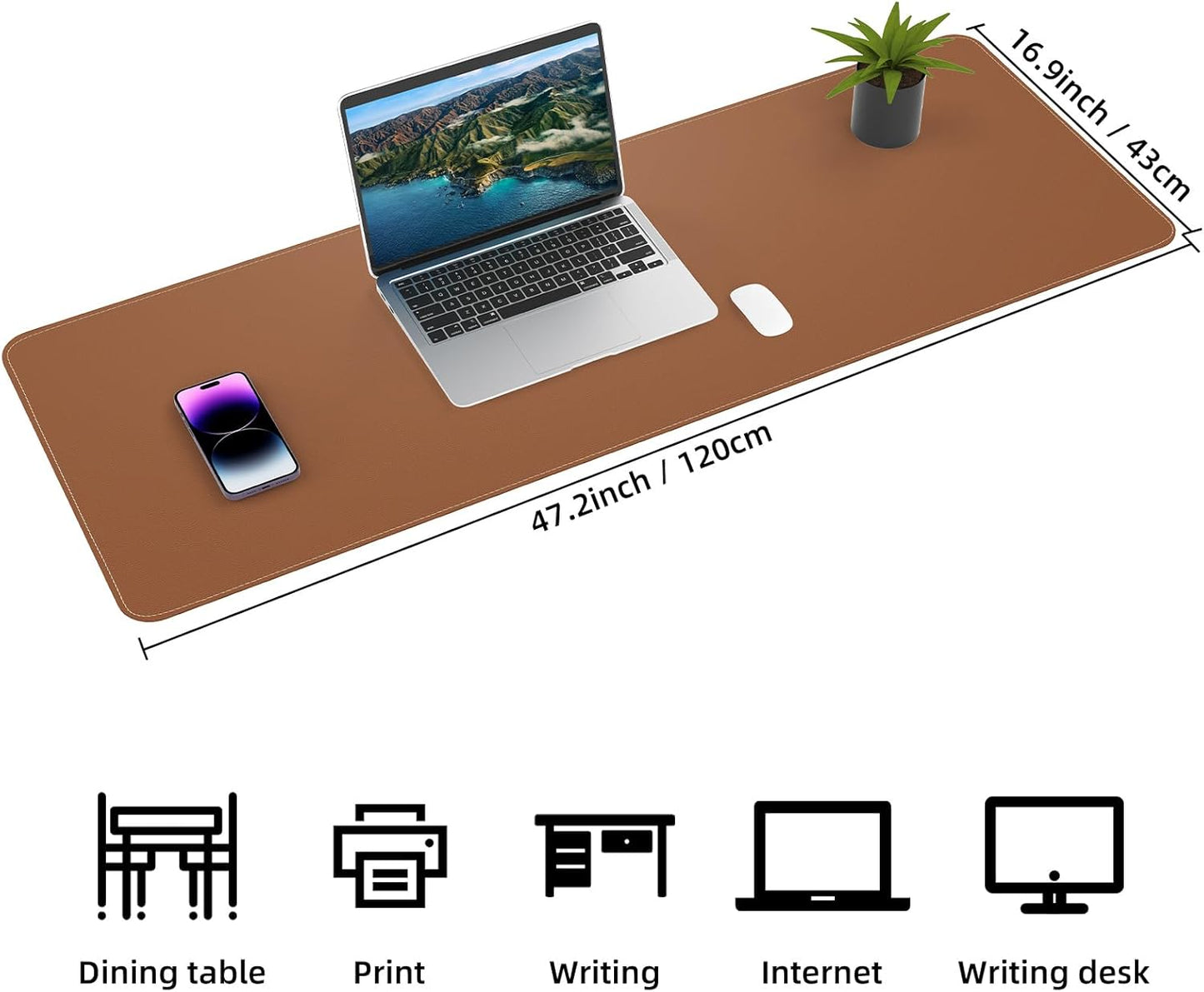 Leather Desk pad Protector, Large Desk mat with Natural Cork & PU Leather,Mouse pad,Non-Slip Office Desk Mat,Waterproof Desk Writing Pad for Office and Home (47in*17in, Brown)