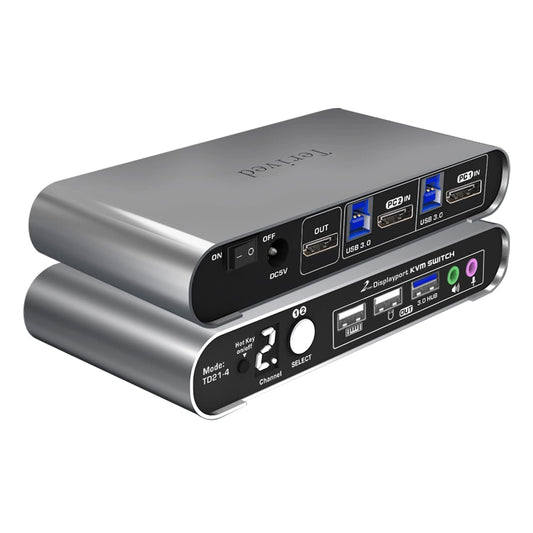 2 Port DP USB 3.0 Automatic KVM Switch Two Computers 1 DisplayPort Monitor switcher, 8K@30Hz 4K@144Hz, Aluminum hotkey Audio mic, Digital Display, HDR10 with Cables