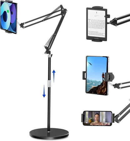 Peastrex Tablet Floor Stand with 12lb Stable Base Overhead Bed Ipad Phone Holder Mount with Adjustable Height Stretchable Arm for 4.5-13in iPad Pro Air Mini 12.9/9.7, Kindle, Galaxy Tab, CellPhones