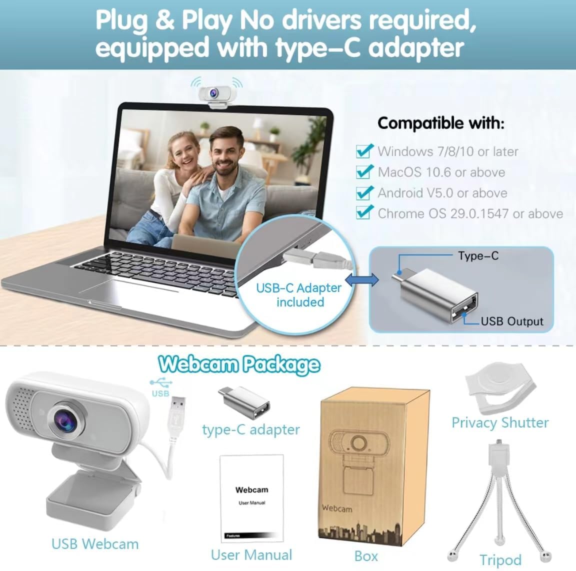 usb c webcam 1080P Webcam,Live Streaming Web Camera with Stereo Microphone, Desktop or Laptop USB Webcam 110 Degree View Angle, HD Web cam for Switch 2,Video Calling, Recording, Conferencing, Gaming