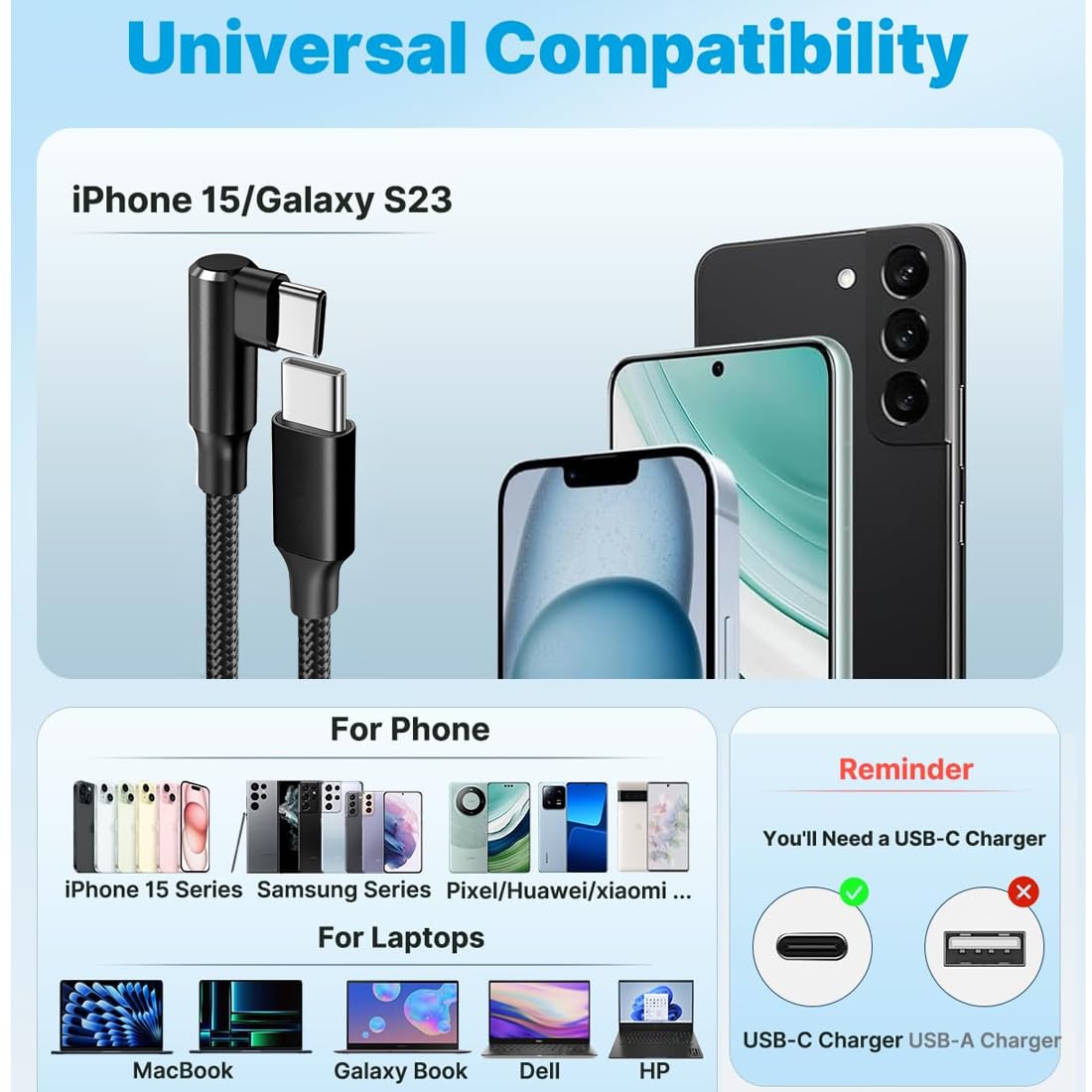 100W 2 Pack 3+6FT Type C to Type C Fast Charging Cable USBC to USBC Cord 90 Degree USB C Cable Right Angle for iPhone 16 15 Samsung Galaxy S24 S23 iPad MacBook Pixel USB C Charger