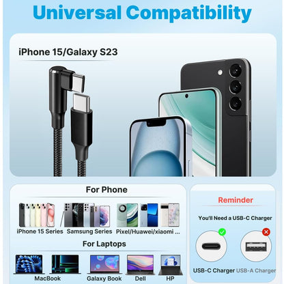 100W 2 Pack 3+6FT Type C to Type C Fast Charging Cable USBC to USBC Cord 90 Degree USB C Cable Right Angle for iPhone 16 15 Samsung Galaxy S24 S23 iPad MacBook Pixel USB C Charger