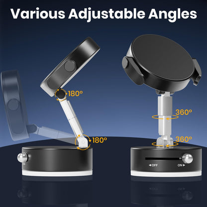 Upgraded 360° Adjustable Vacuum Magnetic Phone Holder, Vacuum Suction Magnetic Phone Mount with Clamp Foldable Phone Holder for Car/Gym/Mirror/Smooth Surface, Suitable with All Smartphones (Black)