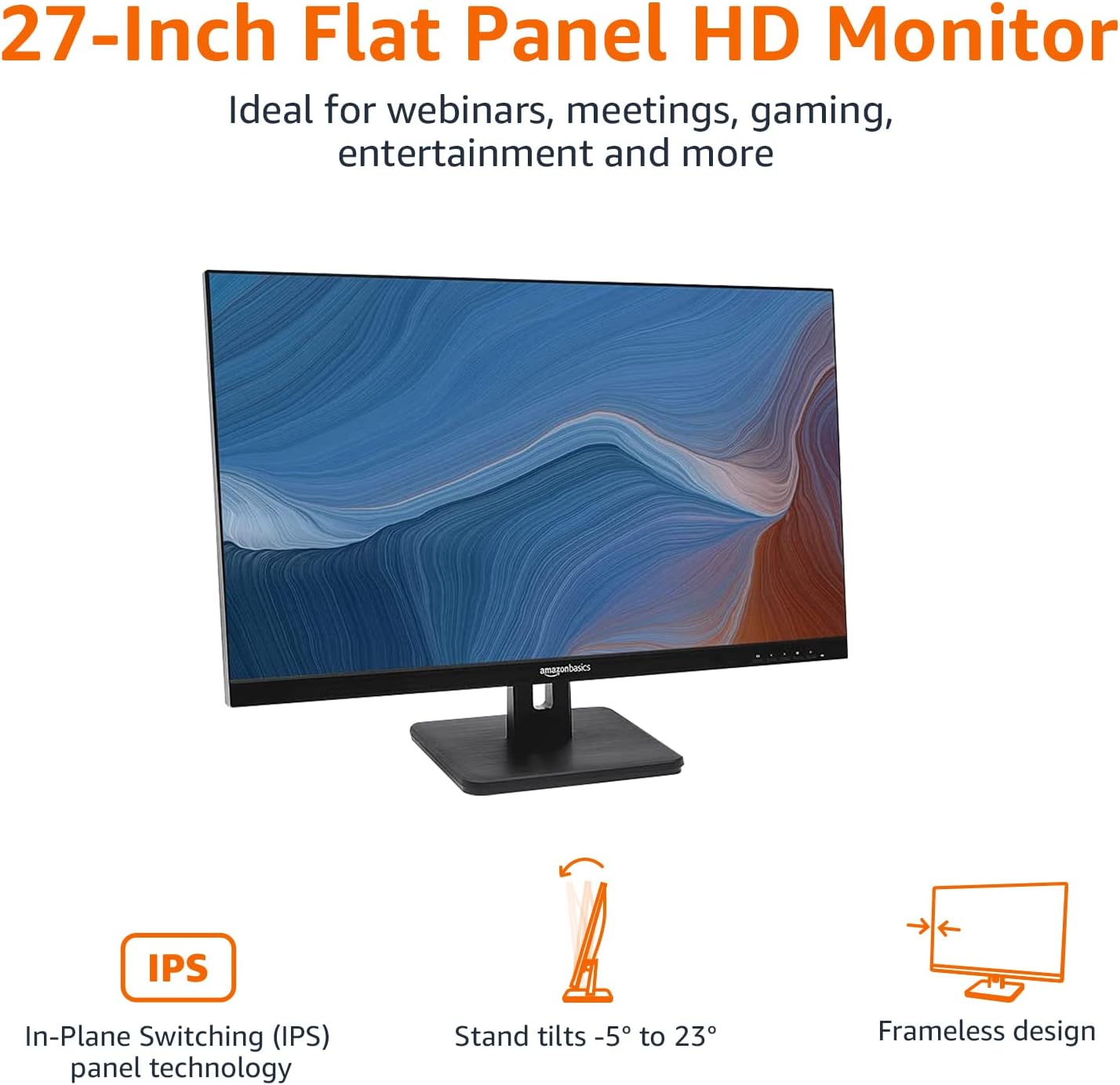 Amazon Basics IPS Monitor 75 Hz Powered with AOC Technology FHD 1080P HDMI, Display Port and VGA Input VESA Compatible Built-in Speakers for Office and Home, 27 in, Black