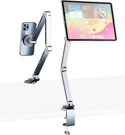 Magnetic Tablet Stand for Desk Aluminum Alloy Phone iPad Desk Holder Overhead Arm Mount with 360°Rotate Base for Magsafe/iPhone/Android/iPad (Magnetic Silver)