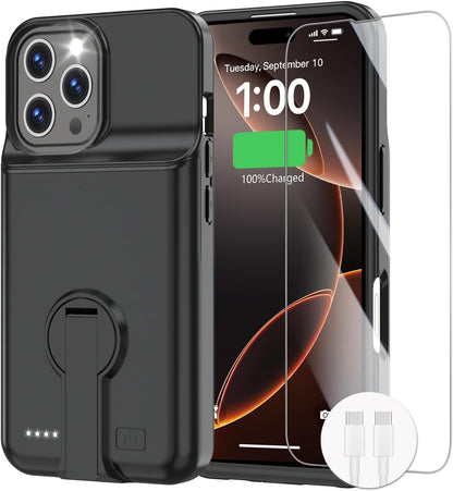 GIN FOXI Battery Case for iPhone 16 Pro, Charging Case with Stand 8500mAh Rechargeable Ultra-Slim Anti-Fall Protection Extended Battery Pack Charger Cover for iPhone 16 Pro Battery Case 6.3" Black