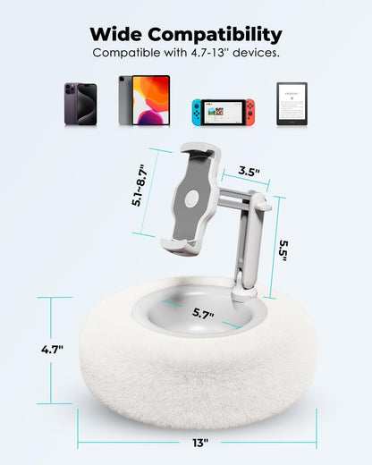 Viozon Tablet Stand Pillow, Compatible with 4.7"-13" Phone/Tablet, iPad, iPhone, Samsung, Google, Kindle, 360°Adjustable Phone Holder for Bed with Soft Plush Fabric, and Detachable Bowl, White