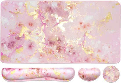 Keyboard Mouse Pad Set, Extended Mouse Pad+Keyboard Wrist Rest Support, Memory Foam Ergonomic Easy Typing, 3Pcs (35.4×15.7 in) Desk Pad Set for Home Office Study Game- Pink Gold Marble