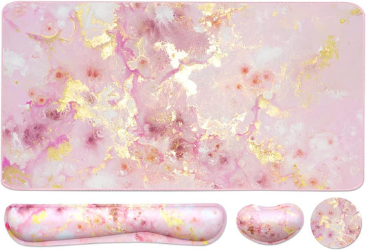 Keyboard Mouse Pad Set, Extended Mouse Pad+Keyboard Wrist Rest Support, Memory Foam Ergonomic Easy Typing, 3Pcs (35.4×15.7 in) Desk Pad Set for Home Office Study Game- Pink Gold Marble