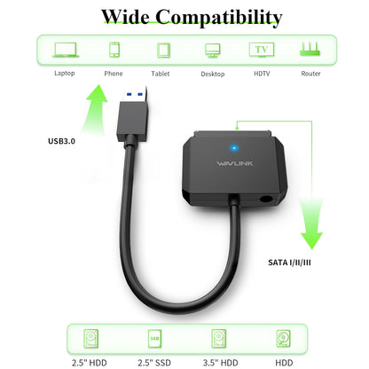 WAVLINK SATA to USB Type-A Hard Drive Cable, 5Gbps USB3.0, Supports UASP, External Hard Drive SATA I/II/III Connector, 2.5" SSD/HDD and 3.5" HDD up to 20TB, Power Adapter Included