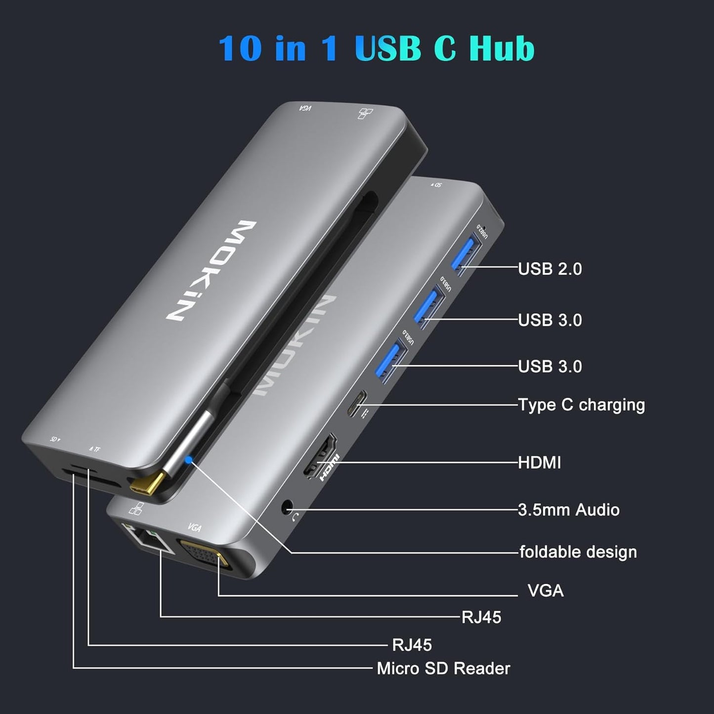 USB C Hub Multiport Adapter - 10 in 1 Portable Dongle with 4K HDMI, VGA, Ethernet, 3 USB Ports, Audio, PD Charger, SD/Micro SD Card Reader Compatible for MacBook Pro, XPS More Type C Devices.