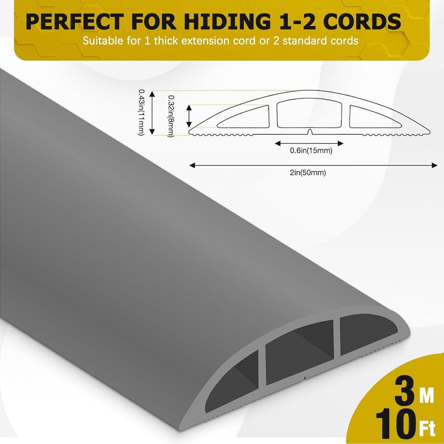 Floor Cord Cover 10FT Cord Covers for Wires on Floor Protect Wires & Prevent Trip Hazards, Easy to Cut for Home, Office, School, Concerts, Cavity W0.6in x H0.32in