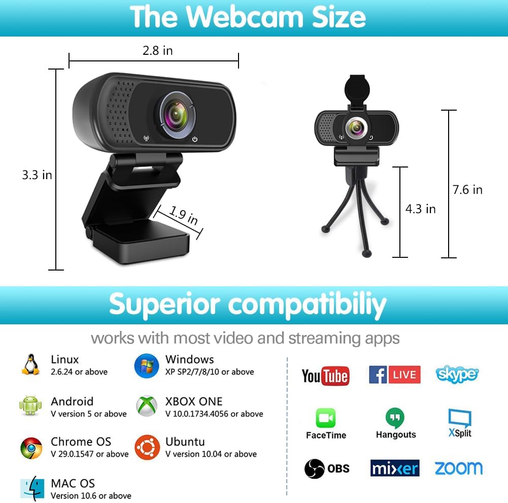 Webcam HD 1080p ,Live Streaming HD Camera with Stereo Microphone, PC Desktop or Laptop USB Webcam with 110 Degree View Angle, for Switch 2,Video Calling, Recording, Conferencing, Streaming, Gaming