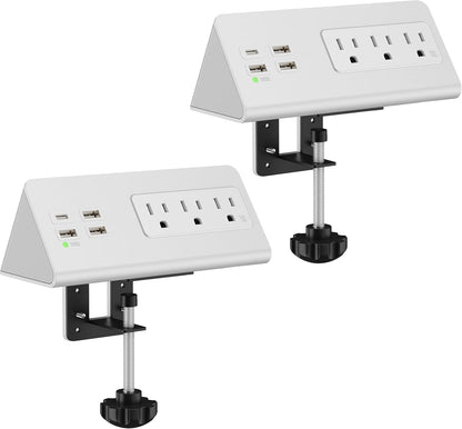 Nightstand Edge Mount Power Strip with USB-C Ports Tabletop Surge Protector Desk Clamp Power Sockets with 3 AC Outlets &4 Fast Charging USB Ports for Home Office Hotel and Dormitory (White(2-Pack))