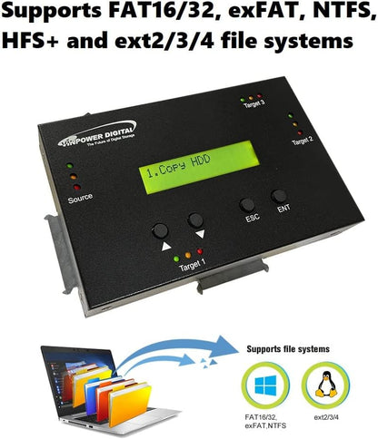 Vinpower 1 to 3 SATA 2.5" & 3.5" Hard Disk Drive/Solid State Drive (HDD/SSD) Clone Duplicator and DOD Level Eraser