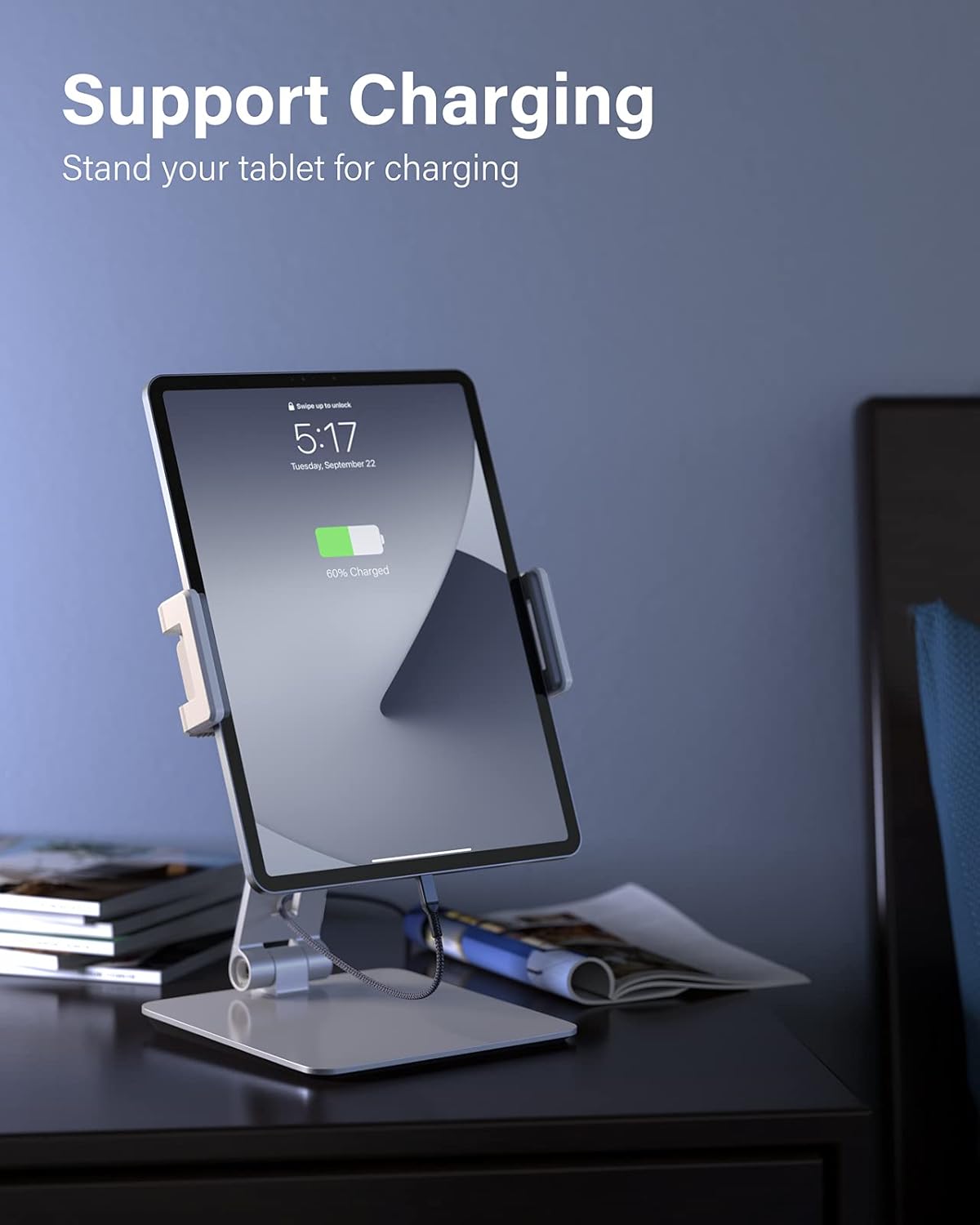 Maxonar Tablet Stand for Desk, 360° Adjustable Aluminum Alloy Swivel iPad Charging Tablet, iPad Pro Air Mini Tablet Holder for Bed Store POS Showcase Kitchen Office Drawing Desktop (6-13''), Silver