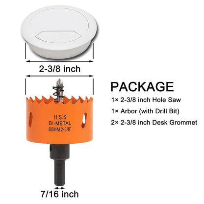 Desk Grommet 2-3/8 inch with Hole Saw, Desk Cord Hole Cover Grommet for Cables, 2 PCS, White