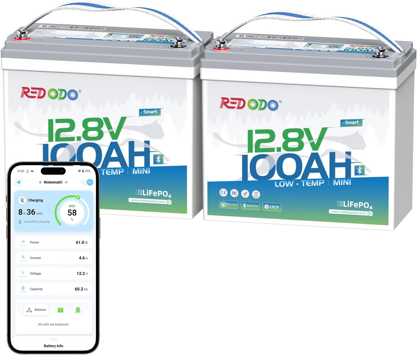 Redodo 12V 100Ah Smart Mini Bluetooth LiFePO4 Battery, Smallest Lithium Battery，Max 1280Wh, 10-Year Lifespan with Up to 15000 Deep Cycles, Upgraded 100A BMS for RV, Marine, Solar, Camping - 2 Pack