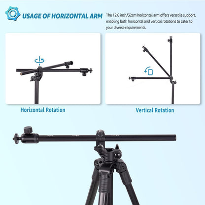 Phone Tripod, Arsoer 67" Adjustable Height Tripod with Horizontal Column and Removable Clip Mount for Overhead Shot, 360° Rotation Stand with Wireless Remote/Carry Bag for iPhone/Webcam
