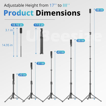 UBeesize 88’’ Flexible Phone Tripod with 14.95’’ Gooseneck, Remote and Phone Holder, Overhead Cell Phone Stand＆Selfie Stick for Video Recording, Compatible with iPhone Android Phone, Camera Black