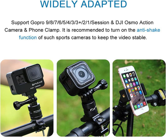 PULUZ Bike Camera Handlebar Mount for Gopro Hero 12/11/10/9/8/7/6 Bike Motorcycle Mount Clip, 360 Degree Rotation Aluminum Bicycle Bracket for DJI OSMO Action&Xiaoyi Camera