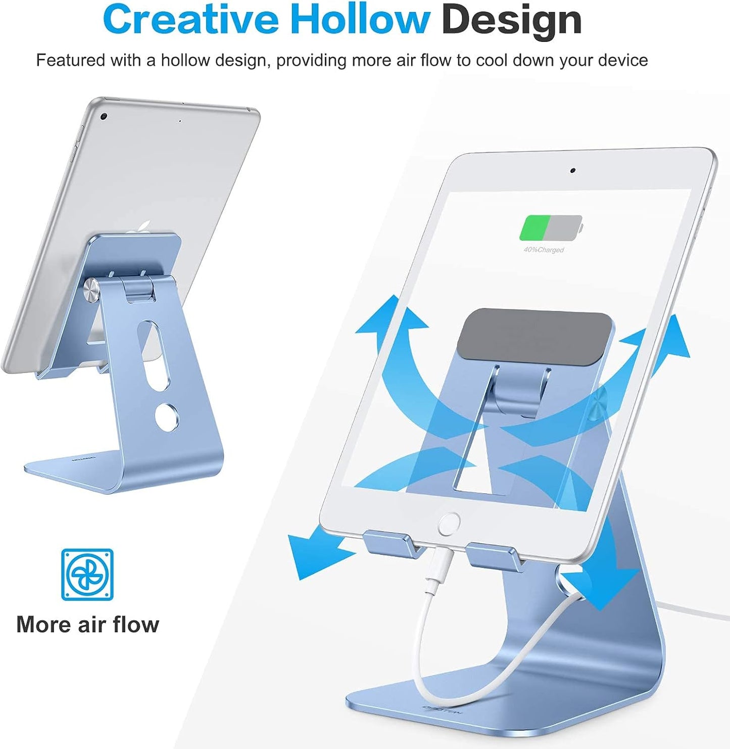 OMOTON Adjustable Tablet Stand for Desk, Upgraded Longer Arms for Greater Stability, T2 Tablet Holder with Hollow Design for Bigger Sized Phones and Tablets Such as iPad Pro/Air/Mini, Blue