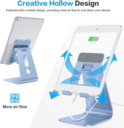 OMOTON Adjustable Tablet Stand for Desk, Upgraded Longer Arms for Greater Stability, T2 Tablet Holder with Hollow Design for Bigger Sized Phones and Tablets Such as iPad Pro/Air/Mini, Blue