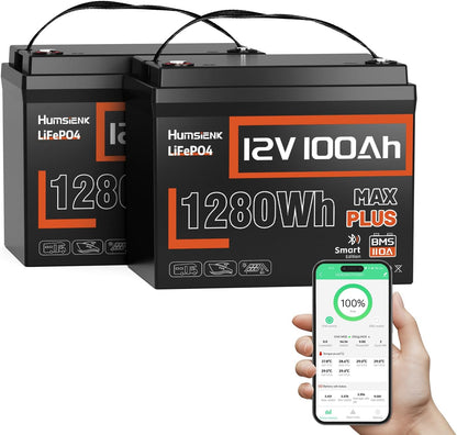2PACK 12V 100Ah LiFePO4 Lithium Battery MAX Bluetooth 5.0 IP67, 15000+ Deep Cycles Lithium Battery, Built-in 110A BMS for RVs Marine Trolling Motors