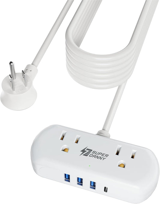 SUPERDANNY Power Strip with USB, 9.8ft Mini Desktop Charging Station with 2 Wide-Spaced Outlets & 4 USB Ports, Portable Flat Plug Extension Cord for Travel, Dorm, Room, Home Office Essentials, White