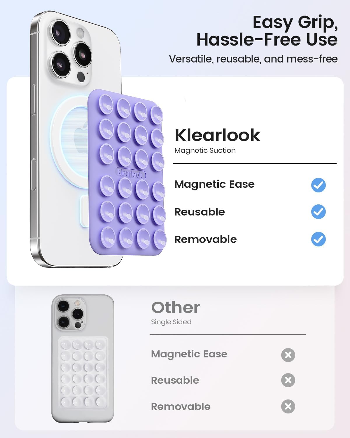 Klearlook Magnetic Suction Phone Mount for MagSafe Case, Removable Sticky Phone Grip Holder for Hands-Free Makeup/Selfie/Live Streaming/Vlog for TikTok & Instagram Influencer/Creator, Lavender