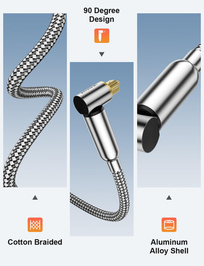 VANAUX 90-Degree Optical Audio Cable 6FT,90 Degree to 90 Degree Fiber Optic Toslink Cable(24K Gold-Plated Connectors,Braided Jacket) Ideal for Tight Spaces,Home Theater,Soundbars,Gaming Consoles