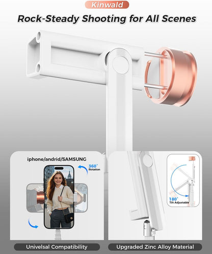 Selfie Stick Tripod for iPhone & Android, Portable Phone Tripod Stand with Bluetooth Remote, One-Click Open, Compact & Lightweight, All-in-1 for Vlog/Travel/Photography (White)